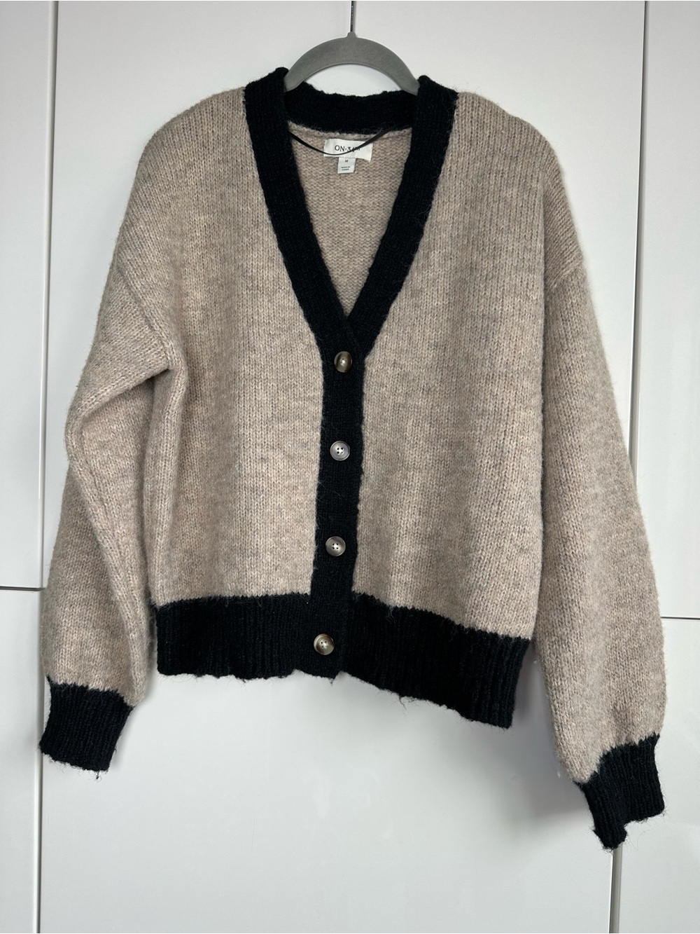 On 34th Knit Cardigan Sweater Tan with Blue Trim Buttons Fuzzy Warm